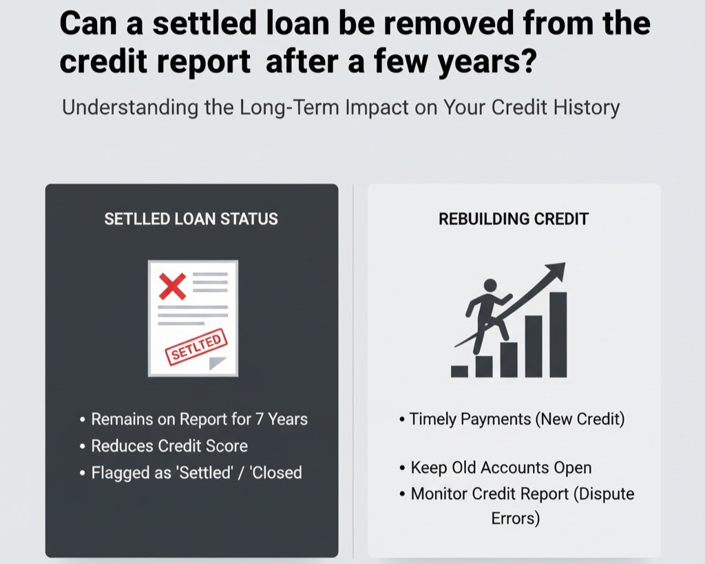 Can a settled loan be removed from the credit report after a few years?