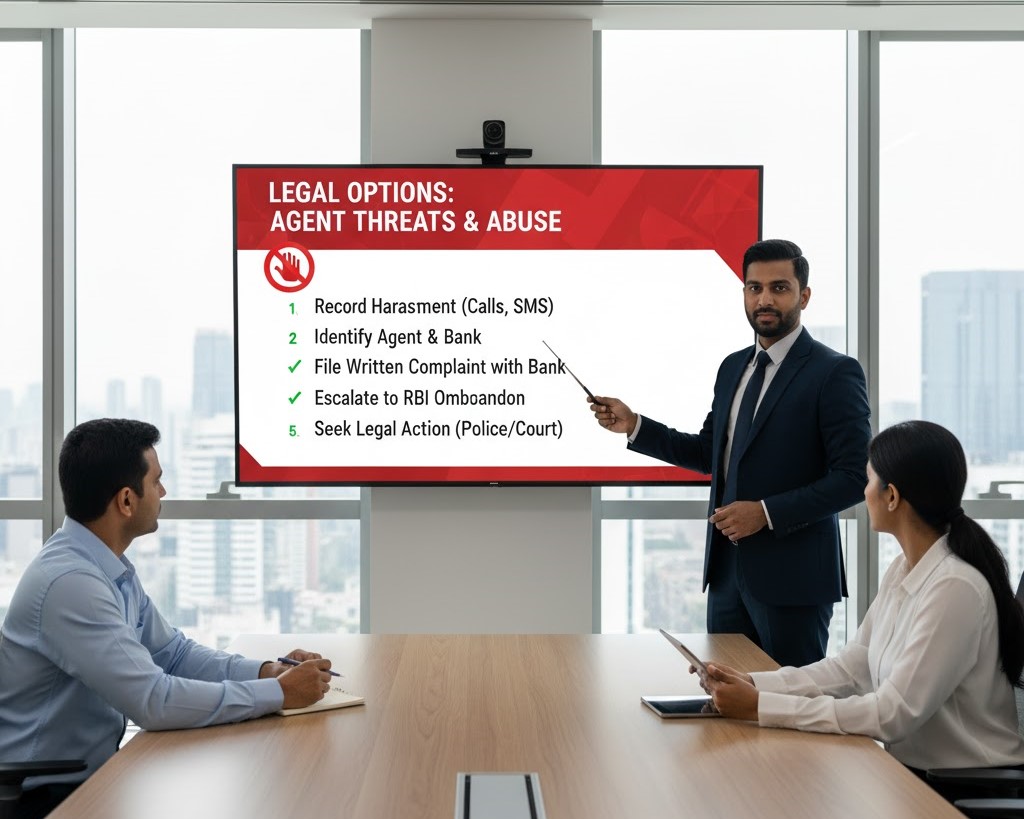 What legal options are available if a bank recovery agent threatens or abuses a borrower?