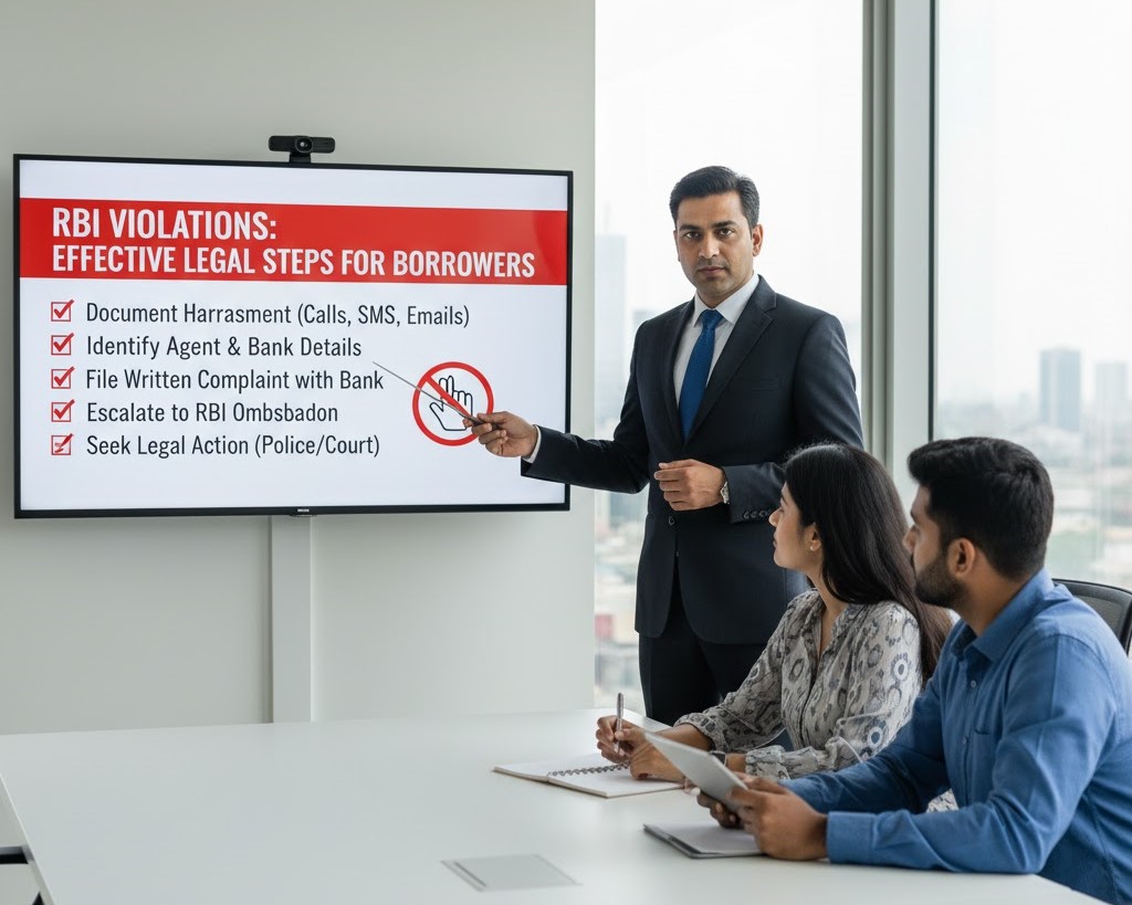 What are the most effective legal steps a borrower can take if a bank or agent violates RBI collection guidelines?