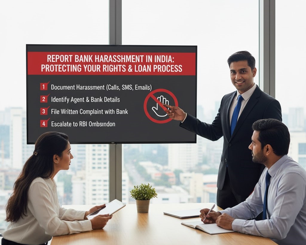 How can a borrower report bank harassment in India without affecting their ongoing loan process?